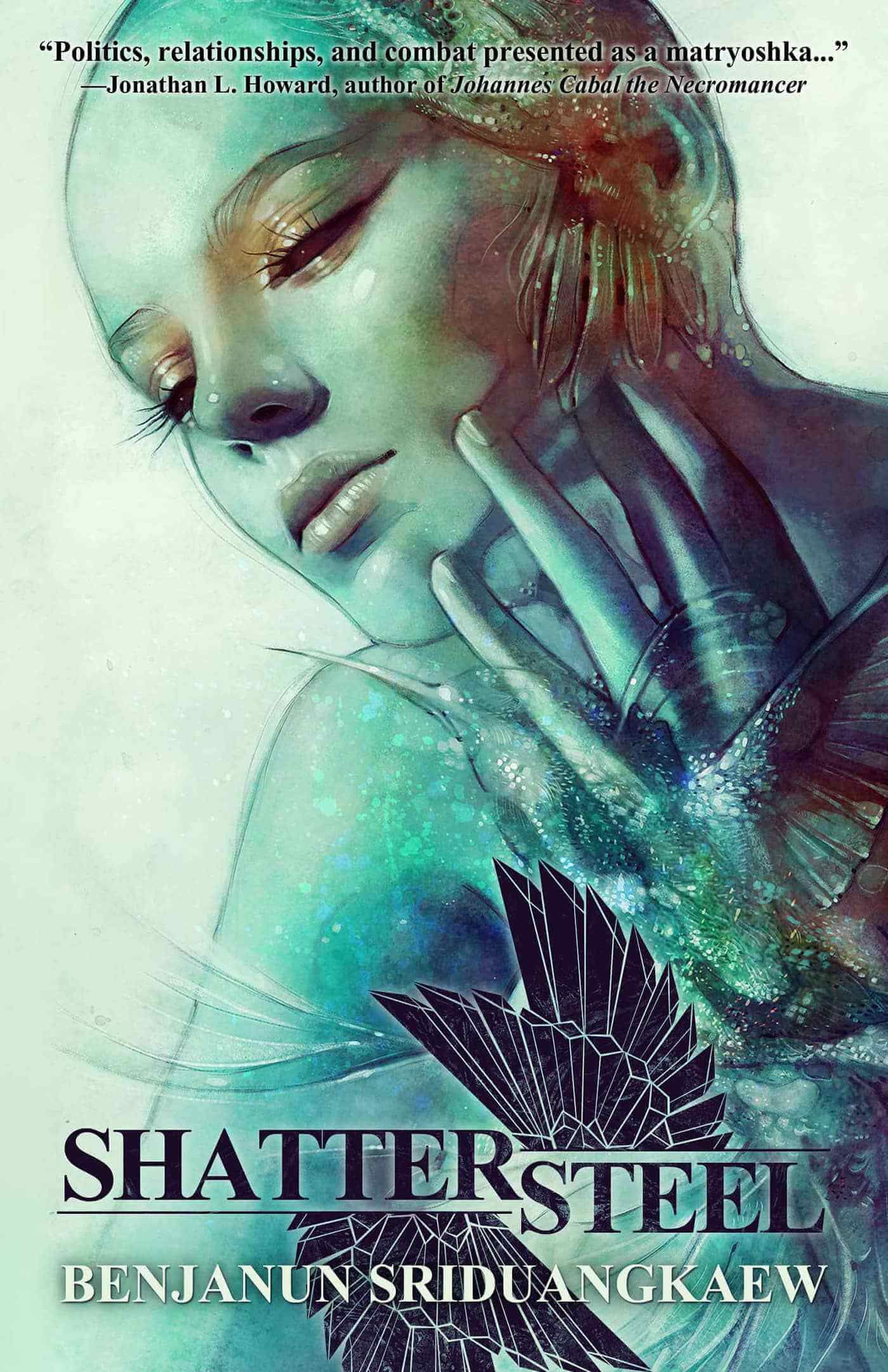 A digital artwork for "Shattersteel" depicts a contemplative woman in ethereal blue-green hues, overlaid with abstract bird-like shapes, reflecting the novel’s dark fantasy themes and assassin protagonist.