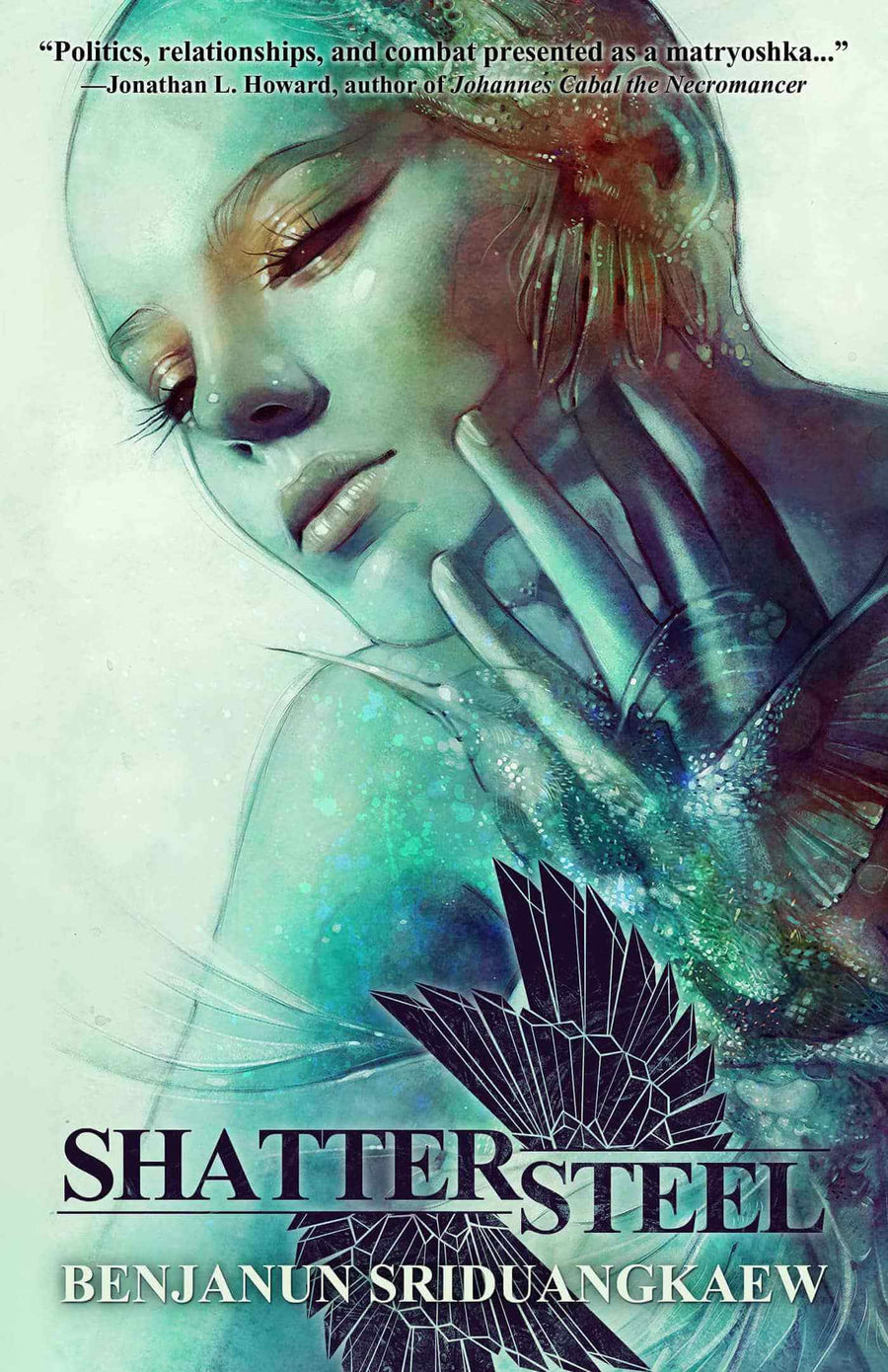 A digital artwork for "Shattersteel" depicts a contemplative woman in ethereal blue-green hues, overlaid with abstract bird-like shapes, reflecting the novel’s dark fantasy themes and assassin protagonist.