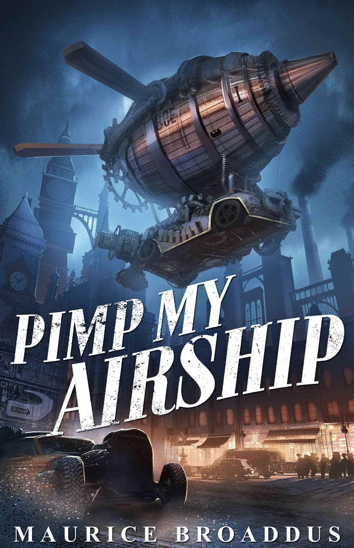 Cover of *Pimp My Airship* shows a steampunk airship soaring over a city at night, with clock towers and vintage cars below—a vivid Afro-SF and steampunk scene beneath dramatic clouds.