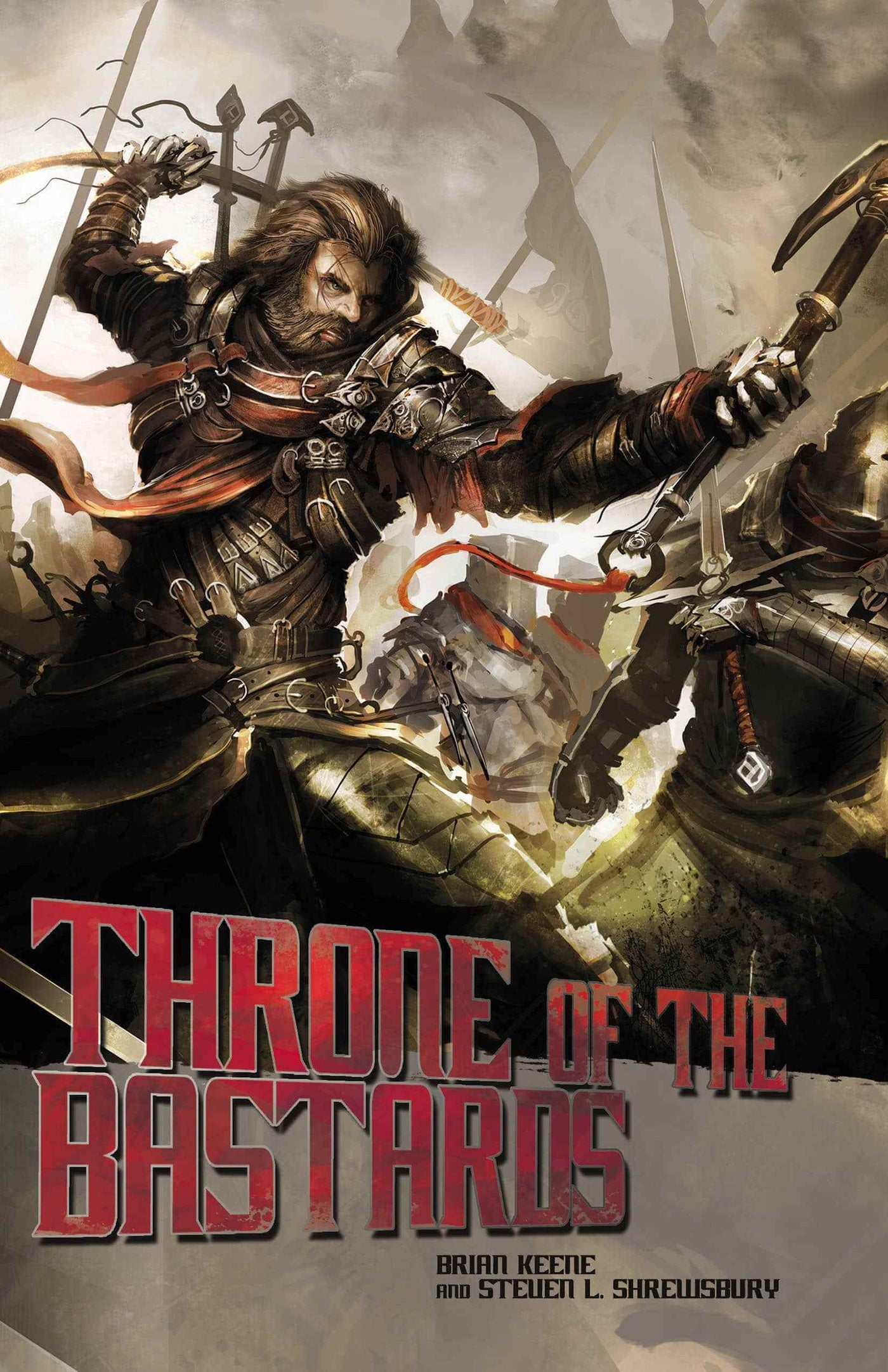 A fierce, bearded warrior in battle armor swings an axe at an armored foe as blades clash in chaotic combat. "Throne of the Bastards" appears below in bold red letters, with the product name at the bottom.