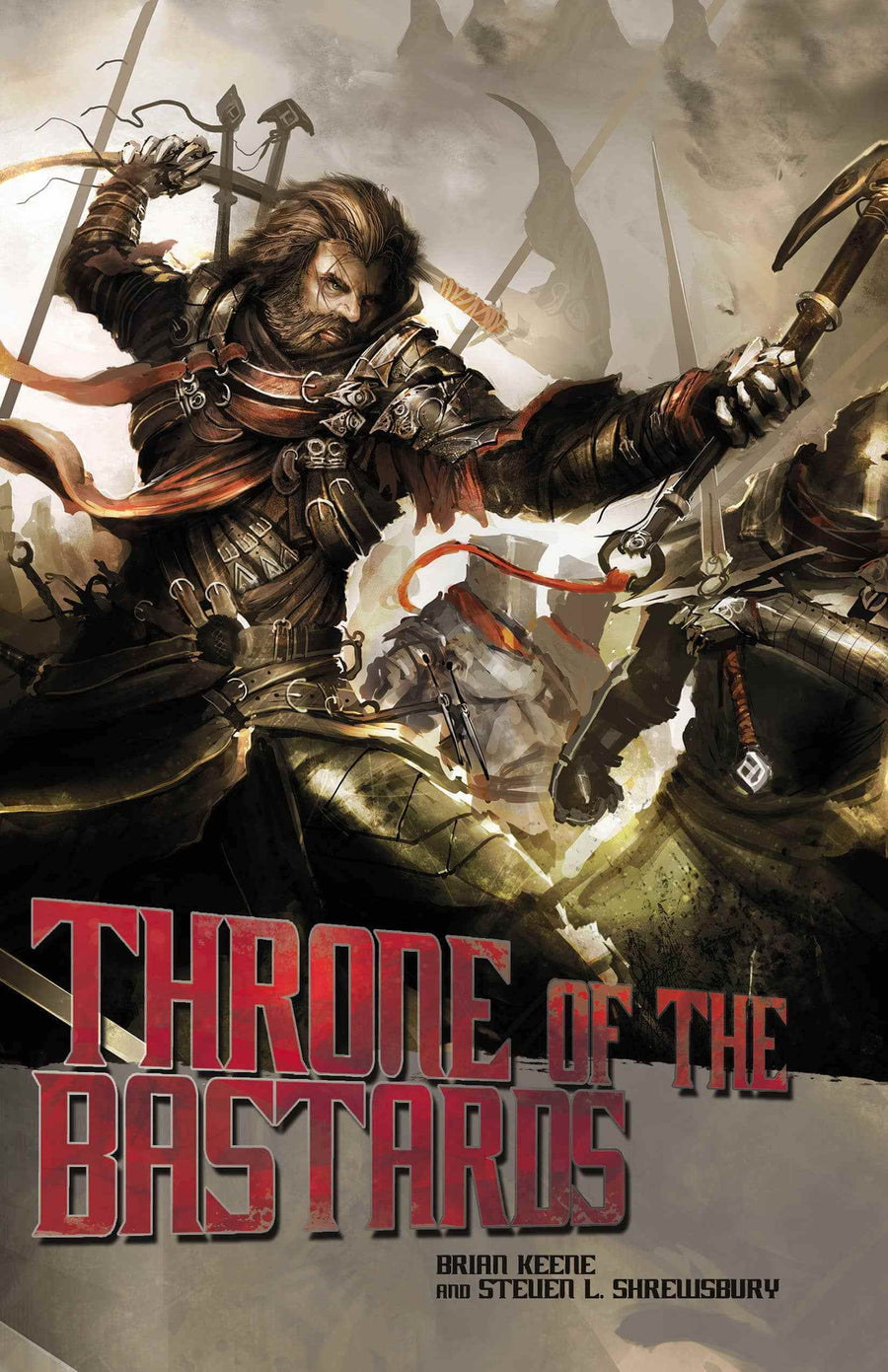 A fierce, bearded warrior in battle armor swings an axe at an armored foe as blades clash in chaotic combat. "Throne of the Bastards" appears below in bold red letters, with the product name at the bottom.