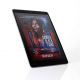 A tablet displays the cover of Danged Black Thing, featuring digital art of a woman with glowing red and blue accents, suggesting stories that explore love, migration, Blackness, and womanhood.