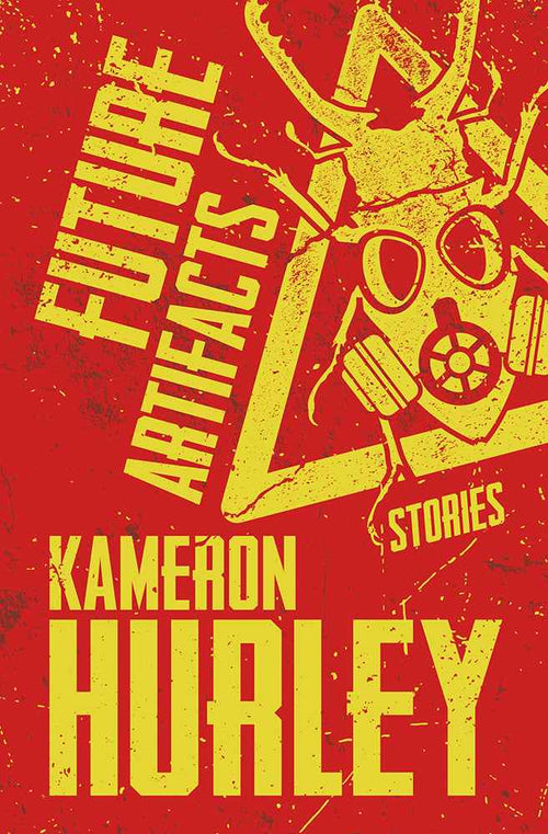 The book cover for Future Artifacts: Stories features bold yellow text on a distressed red background with a gas mask and geometric shapes, evoking the gripping science fiction tales of warfare found in this collection.