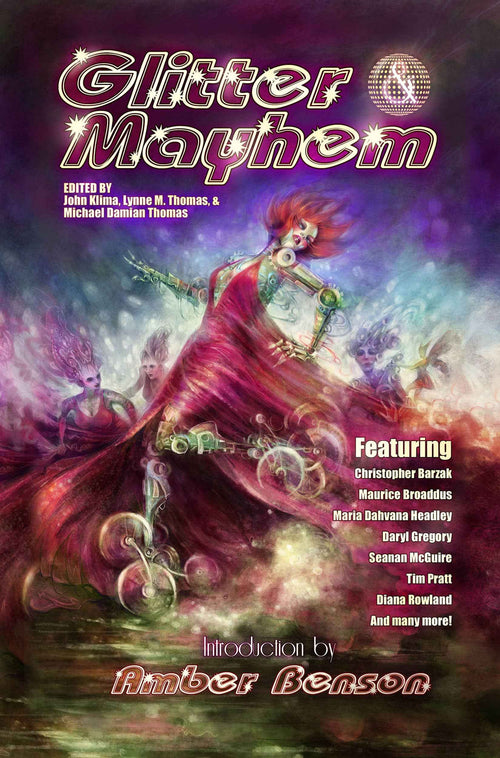 Vibrant cover of "Glitter & Mayhem," a sci-fi anthology, shows glamorously dressed figures dancing amid sparkling effects and neon lights. Contributor and editor names stand out in bold on the Apex Books edition.