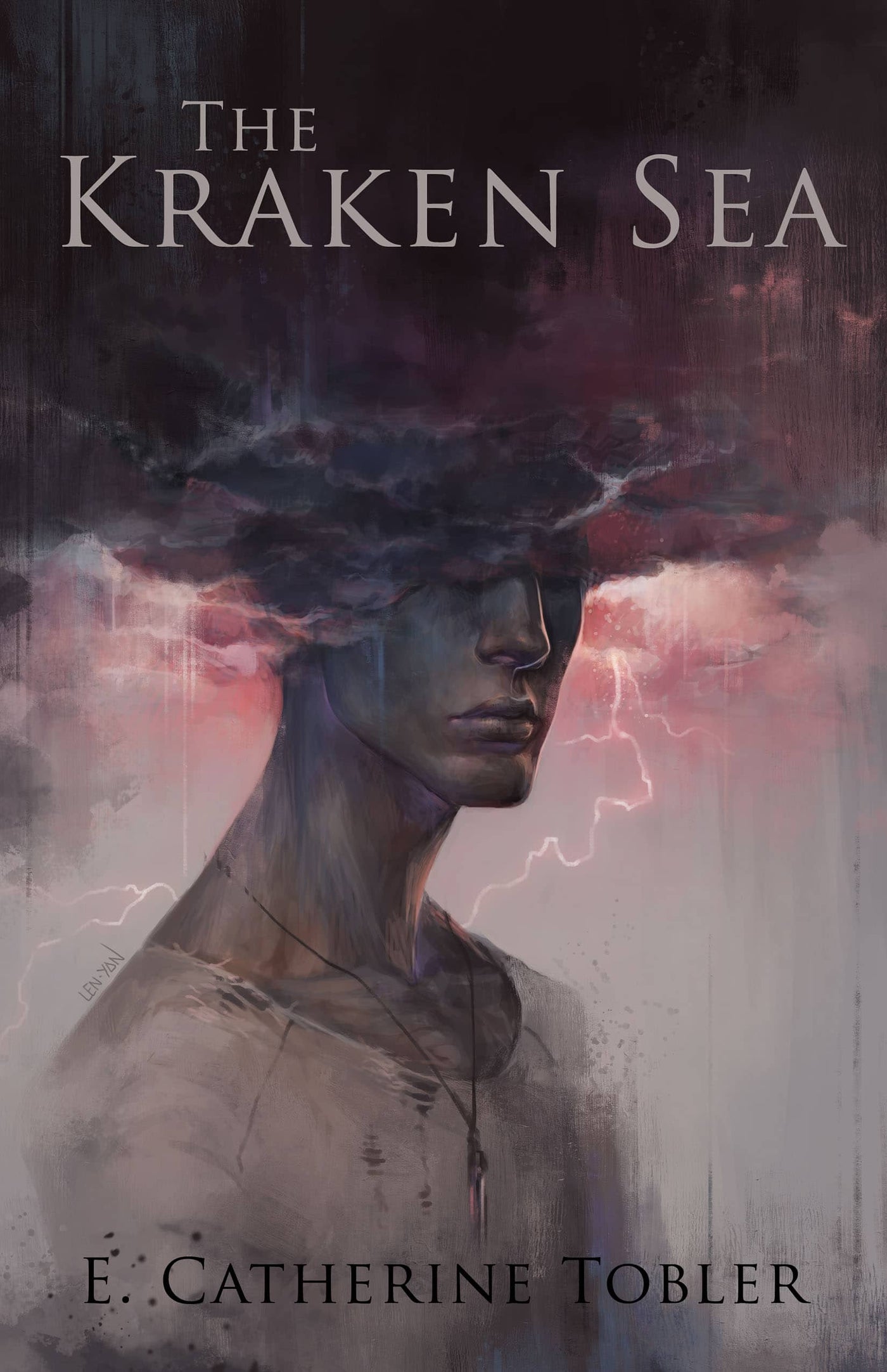 A figure with a stormy cloud for a head faces lightning and red clouds, evoking dark fantasy. "The Kraken Sea" by E. Catherine Tobler is displayed above and below the scene.